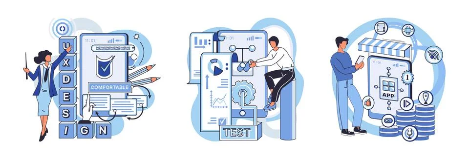 Application testing metaphor. Vector. Software testing, tool that polishes raw 스톡 일러스트