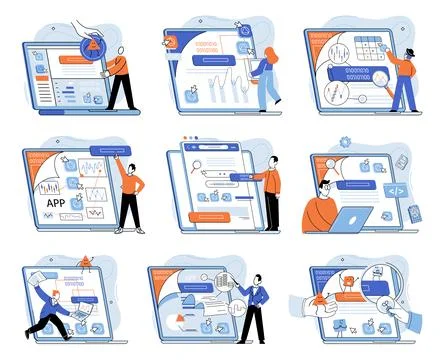 Application testing metaphor. Vector. Software testing, inspection officer Stock Illustration