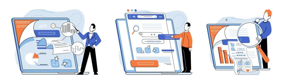 Application testing metaphor. Vector. Software testing, inspection officer Stockillustratie