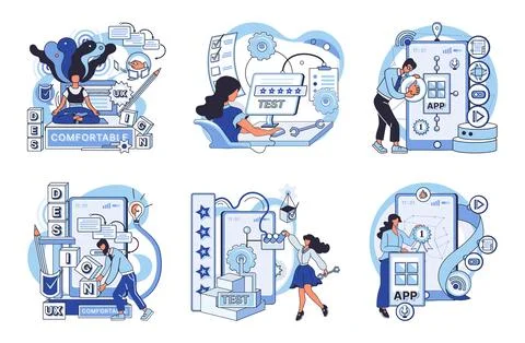 Application testing metaphor. Vector. Software testing, fact-checker that Illustrazione stock