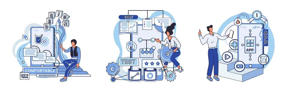 Application testing metaphor. Vector. Software testing, unsung hero ensuring Illustrazione stock