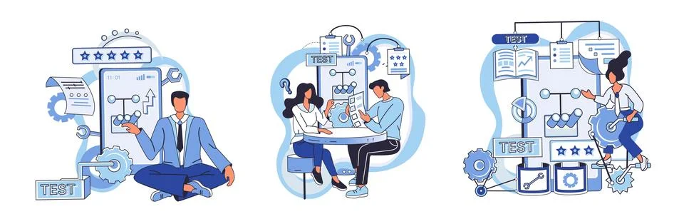 Application testing metaphor. Vector. Software testing, broom that sweeps away Illustrazione stock