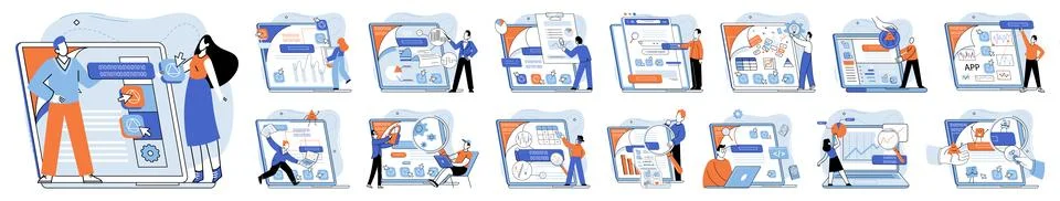 Application testing metaphor. Vector. Software testing, cleaner that sweeps Stock Illustration