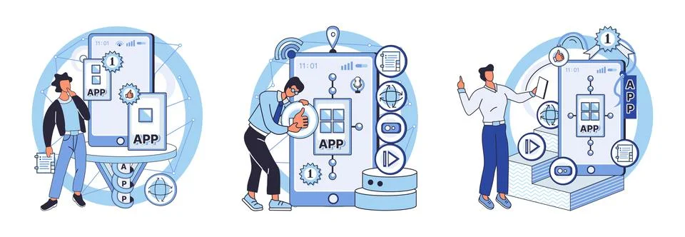 Application testing metaphor. Vector. Software testing, debugging process that Illustrazione stock