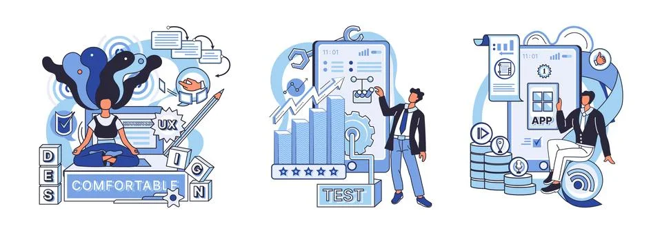 Application testing metaphor. Vector. Software testing, broom that sweeps away 스톡 일러스트