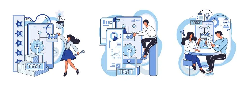 Application testing metaphor. Vector. Software testing, sweep that keeps 스톡 일러스트