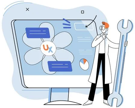 Application testing metaphor. Vector. Software testing, debug tool that keeps Illustrazione stock