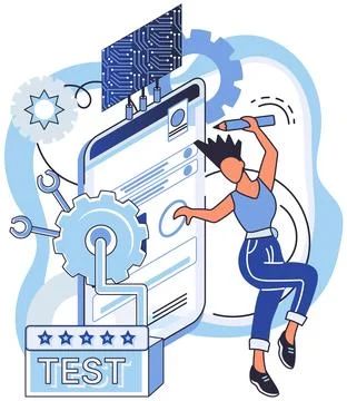 Application testing metaphor. Vector. Software testing, inspection officer Illustrazione stock
