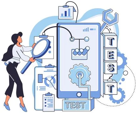 Application testing metaphor. Vector. Software testing, unsung hero ensuring Illustrazione stock