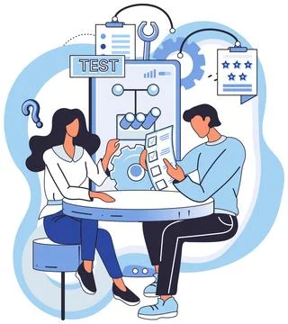 Application testing metaphor. Vector. Software testing, debugging process that Illustrazione stock