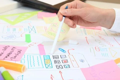 Application ux designer working in office. App design web interface 스톡 사진
