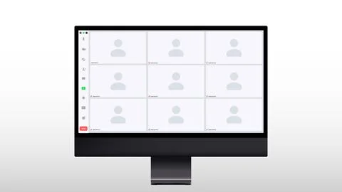 Application window for video communication. Modern glossy white screen monitor Illustrazione stock