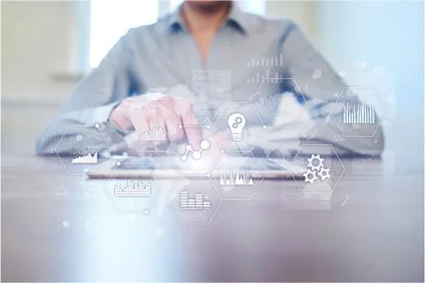 Applications icons and graphs on virtual screen. Business, internet and 库存照片