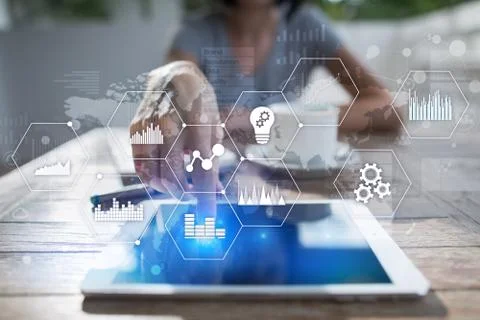 Applications icons and graphs on virtual screen. Business, internet and 스톡 사진