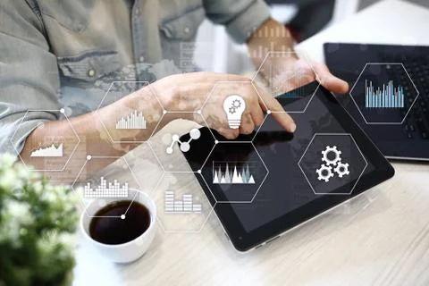 Applications icons and graphs on virtual screen. Business, internet and Фото