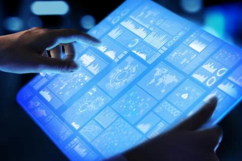 Applications icons on virtual screen, technology, development background concept Stock Photos
