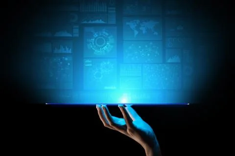 Applications icons on virtual screen, technology, development background concept Stock Photos
