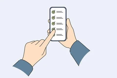 Applications for task management on phone in hands of person using checklist 库存插图