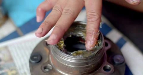 Apply grease to the wheel hub after inserting the bearings. Stock Footage 283484417