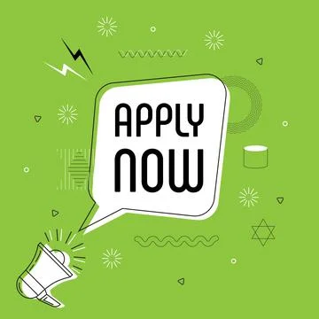 Apply now in bubble vector on bright background. Comic speech bubbl Stock-Illustration