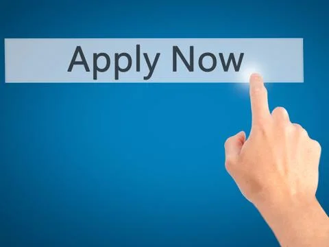 Apply Now - Hand pressing a button on blurred background concept on visual sc Stock Photos
