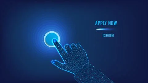 Apply now - human resources concept. Button and hand from triangles and point Stock Illustration
