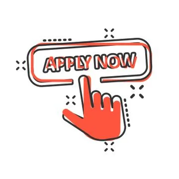 Apply now icon in comic style. Finger cursor vector cartoon illustration on w Stock Illustration