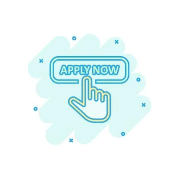 Apply now icon in comic style. Finger cursor vector cartoon illustration on w Stock Illustration