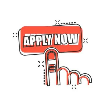 Apply now icon in comic style. Finger cursor vector cartoon illustration on w Stock Illustration