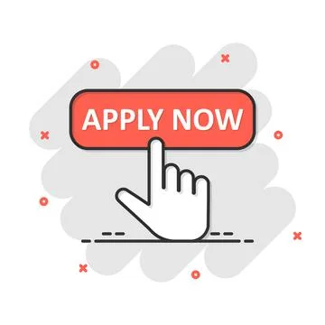 Apply now icon in comic style. Finger cursor vector cartoon illustration on w Stock Illustration