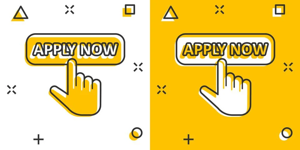 Apply now icon in comic style. Finger cursor vector cartoon illustration on w Stock Illustration