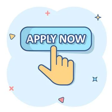 Apply now icon in comic style. Finger cursor vector cartoon illustration on w Illustrazione stock