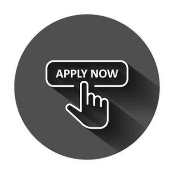 Apply now icon in flat style. Finger cursor vector illustration on black roun Illustrazione stock