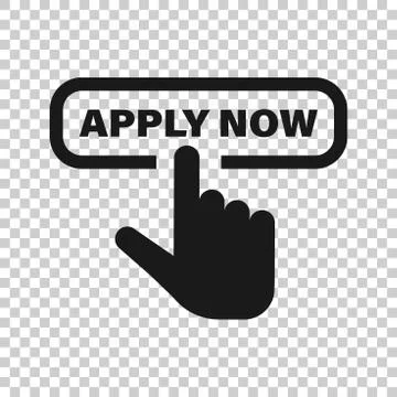 Apply now icon in transparent style. Finger cursor vector illustration on iso Illustrazione stock