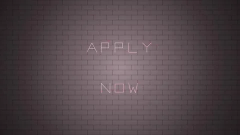 Apply now pink neon flickering text centered on brown brick wall background.. Stock Footage 341679307