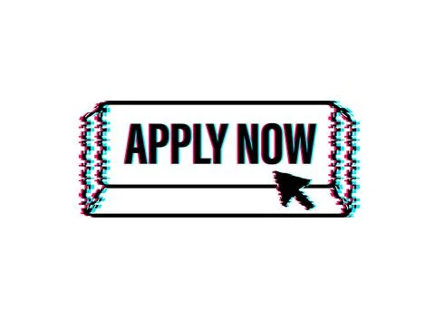 Apply now. Web glitch banner. Arrow, cursor icon. Arrow vector icon. Hand click Illustrazione stock
