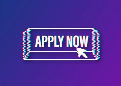 Apply now. Web glitch banner. Arrow, cursor icon. Arrow vector icon. Hand click Stock Illustration