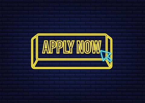 Apply now. Web neon banner. Arrow, cursor icon. Arrow vector icon. Hand click Stock Illustration