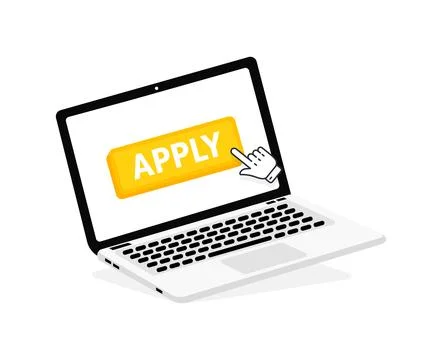 Apply text on Laptop screen with a red button . Button with pointer clicking Stock-Illustration