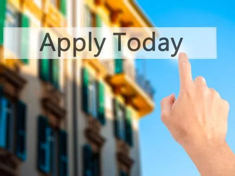 Apply Today - Hand pressing a button on blurred background concept on visual  Stock Photos