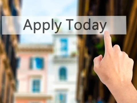 Apply Today - Hand pressing a button on blurred background concept on visual  Stock Photos