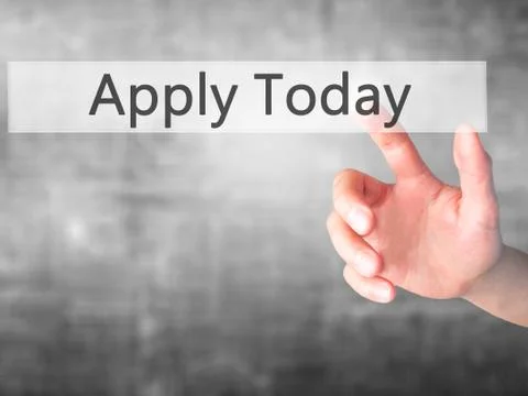 Apply Today - Hand pressing a button on blurred background concept on visual  Stock Photos