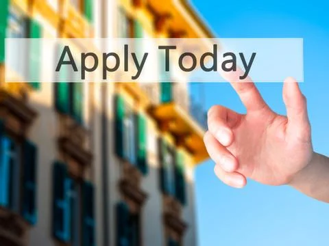 Apply Today - Hand pressing a button on blurred background concept on visual  Stock Photos