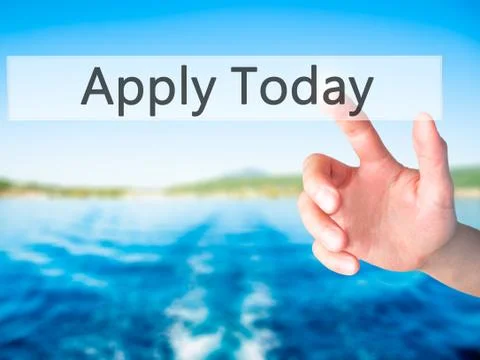 Apply Today - Hand pressing a button on blurred background concept on visual  Stock Photos