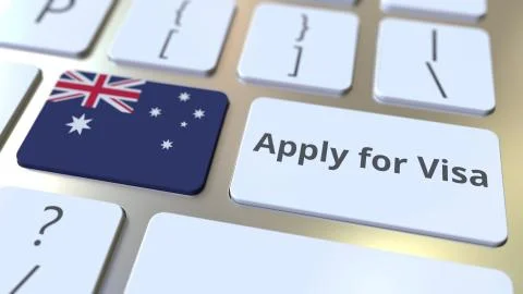 APPLY FOR VISA text and flag of Australia on the buttons on the computer Stock Illustration