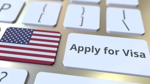 APPLY FOR VISA text and flag of the United States on the buttons on the computer Stock Illustration