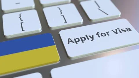 APPLY FOR VISA text and flag of Ukraine on the buttons on the computer keyboard Stock Illustration