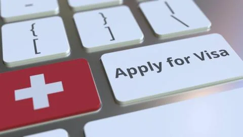APPLY FOR VISA text and flag of Switzerland on the buttons on the computer Stock Illustration