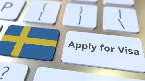 APPLY FOR VISA text and flag of Sweden on the buttons on the computer keyboard Stock Illustration