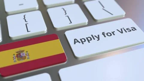 APPLY FOR VISA text and flag of Spain on the buttons on the computer keyboard Stock Illustration